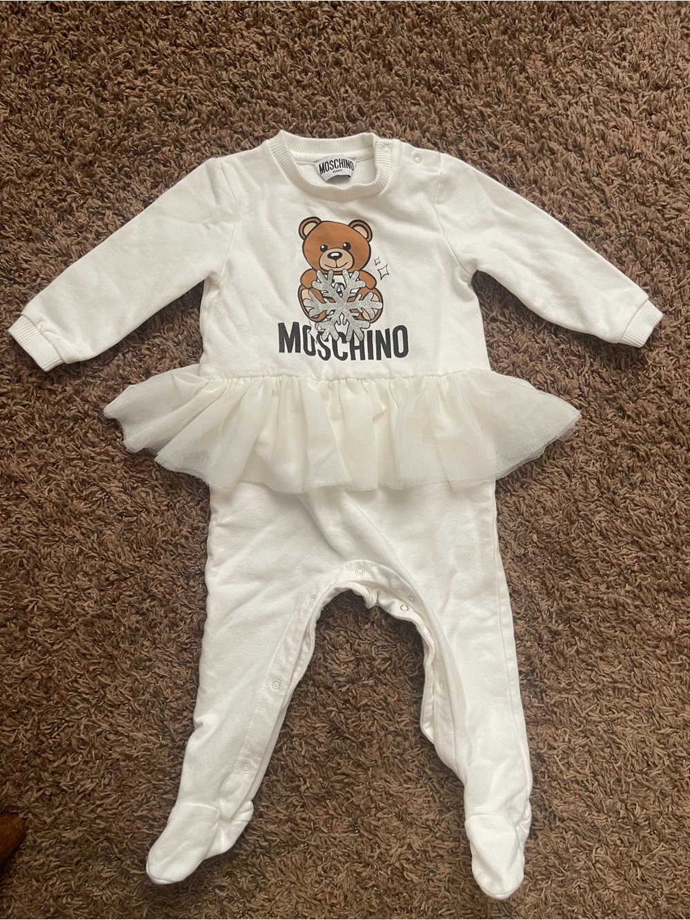 Moschino White Baby Footie with Teddy and Tulle Peplum